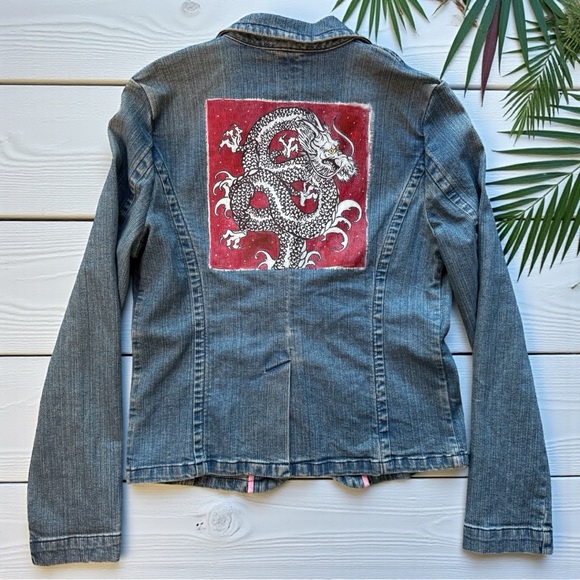 Y2K AMERICAN EAGLE Denim Blazer Size Med Custom Dragon Art Vintage 2000s Jacket - Picture 7 of 14